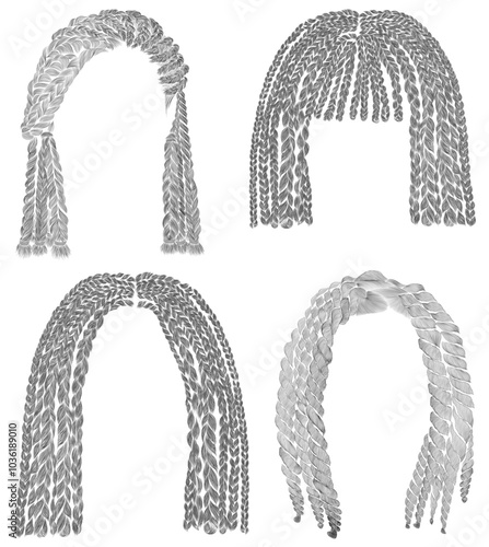 set of  different afro care hairstyle.
dreadlocks cornrows round disheveled curly hairs .
 fashion beauty african style . fringe  pencil drawing sketch .