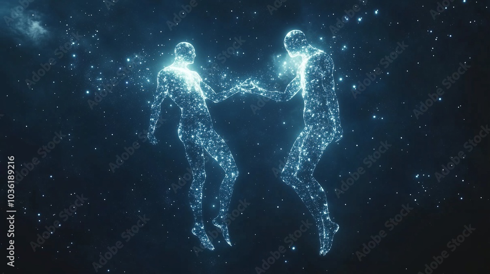Gemini symbol mirrored with two glowing figures in the sky, connected by stars Gemini symbol mirrored with two glowing figures in the sky, connected by stars