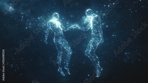 Gemini symbol mirrored with two glowing figures in the sky, connected by stars