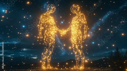 Gemini symbol mirrored with two glowing figures in the sky, connected by stars