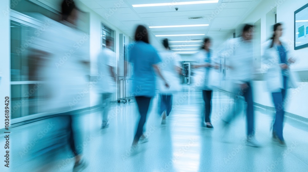 Blurry image of healthcare professionals walking in a hospital corridor.