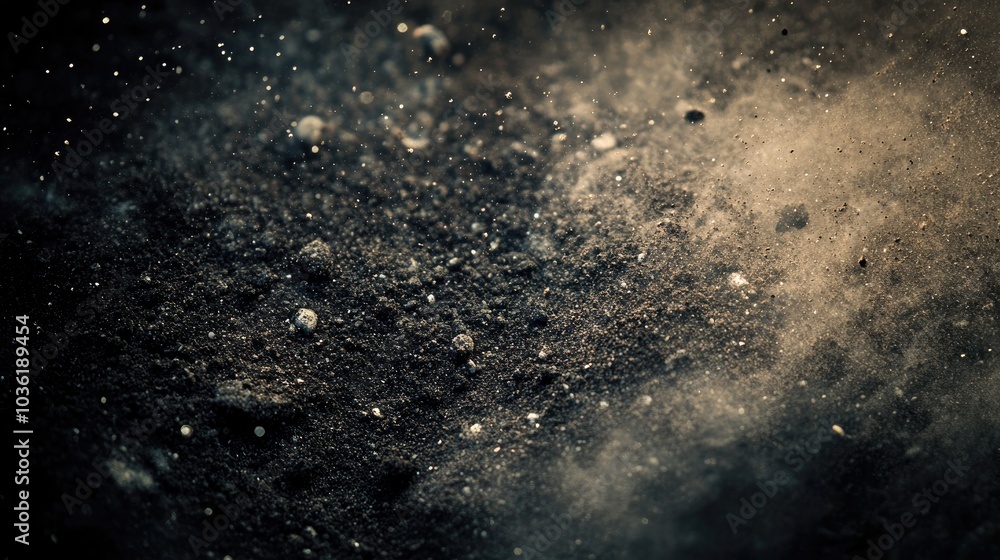 Utilizing soil texture overlays to create a grunge and retro appearance featuring abstract dust particles and grainy texture on a dark backdrop for a vintage effect Utilizing soil texture overlays to create a grunge and retro appearance featuring abstract dust particles and grainy texture on a dark backdrop for a vintage effect