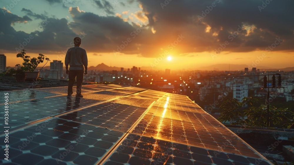 Early morning rooftop scene with technicians setting up solar panels. Green energy focus Early morning rooftop scene with technicians setting up solar panels. Green energy focus