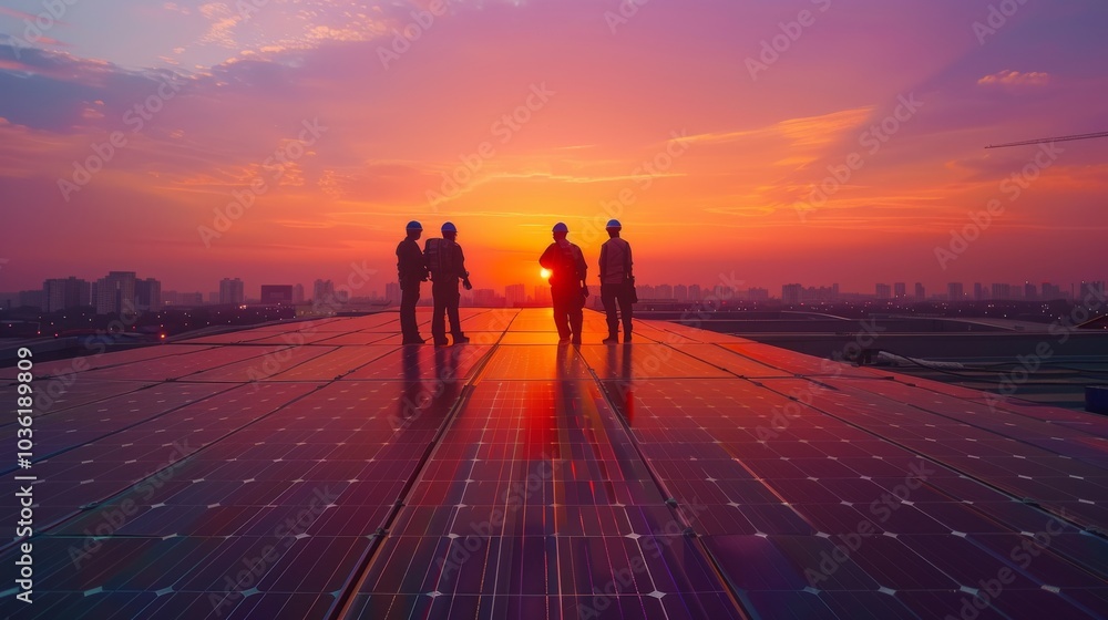Fototapeta premium Early morning rooftop scene with technicians setting up solar panels. Green energy focus
