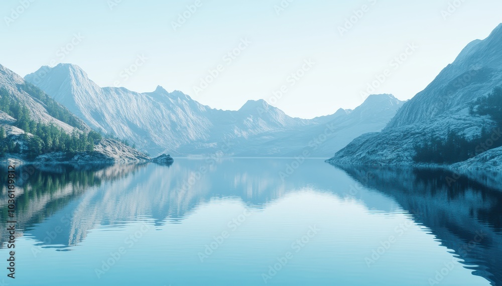 Serene mountain landscape with calm lake reflections at dawn Serene mountain landscape with calm lake reflections at dawn