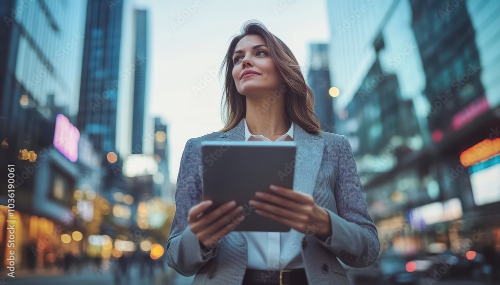 Businesswoman holding a tablet while standing in a bustling city during twilight Businesswoman holding a tablet while standing in a bustling city during twilight