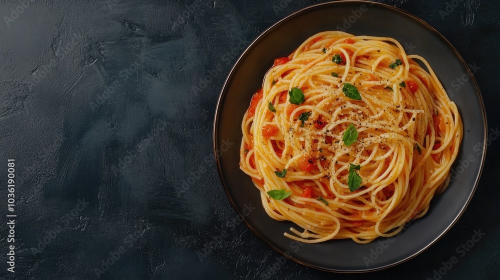 Pasta served with tomato sauce and herbs on a plate presented against a dark backdrop Top view perspective Pasta served with tomato sauce and herbs on a plate presented against a dark backdrop Top view perspective