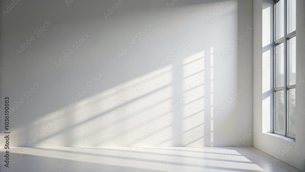 Empty white room with sunlight casting geometric shadows from window on wall Empty white room with sunlight casting geometric shadows from window on wall