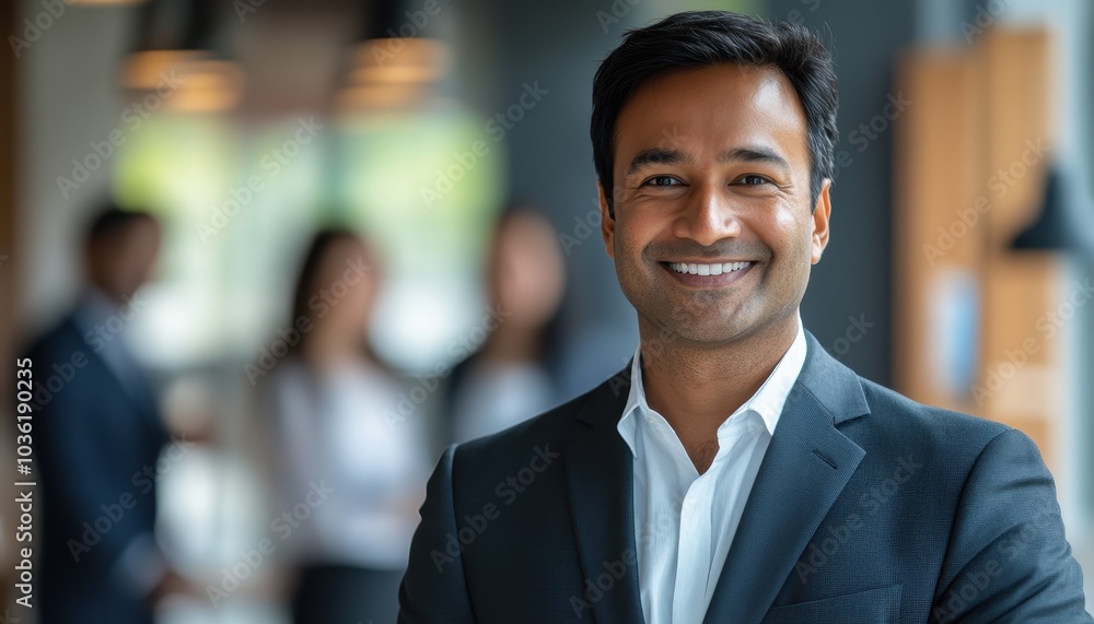 Business professional smiling confidently in a modern office during daylight hours Business professional smiling confidently in a modern office during daylight hours