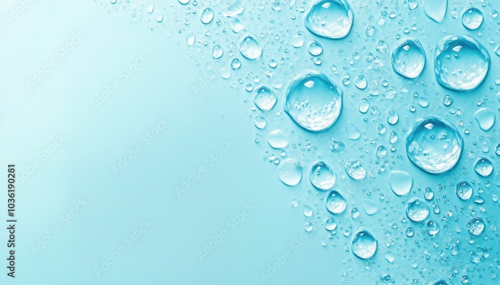 Water droplets on soft blue background create a soothing and refreshing atmosphere Water droplets on soft blue background create a soothing and refreshing atmosphere