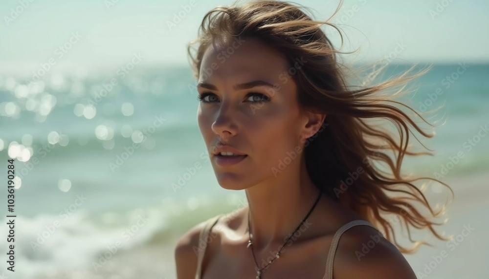 Brunette woman stands by ocean or sea, enjoying sun and surf while wearing a stylish swimsuit, highlighting relaxed beach atmosphere. Beautiful young face. Advertisement for travel or clothes. AI. Brunette woman stands by ocean or sea, enjoying sun and surf while wearing a stylish swimsuit, highlighting relaxed beach atmosphere. Beautiful young face. Advertisement for travel or clothes. AI.