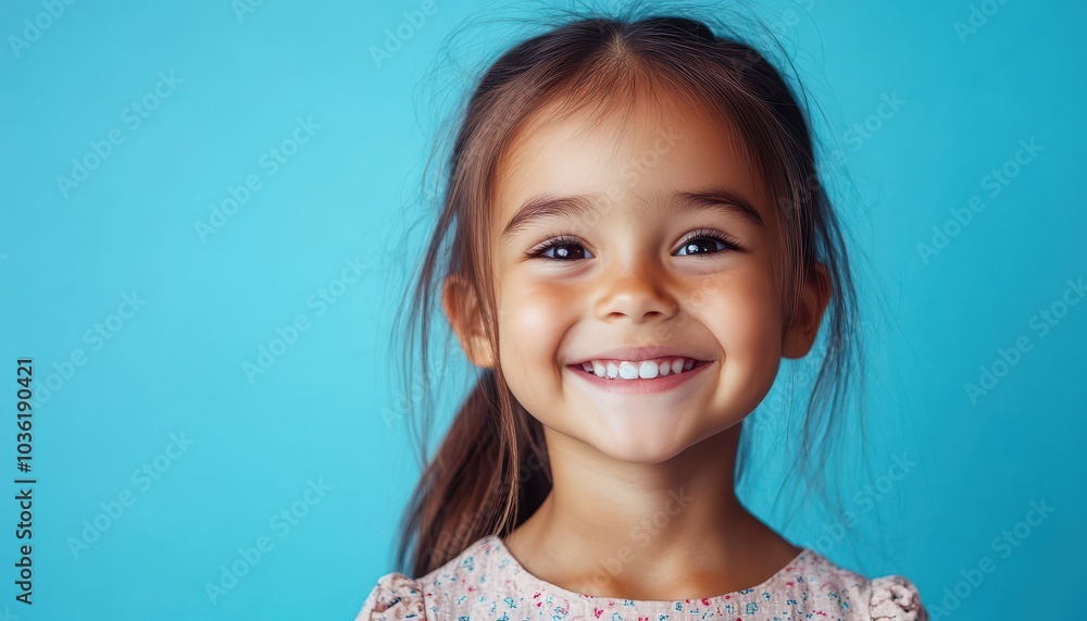 Smiling young girl with long hair in a floral dress against a blue background Smiling young girl with long hair in a floral dress against a blue background