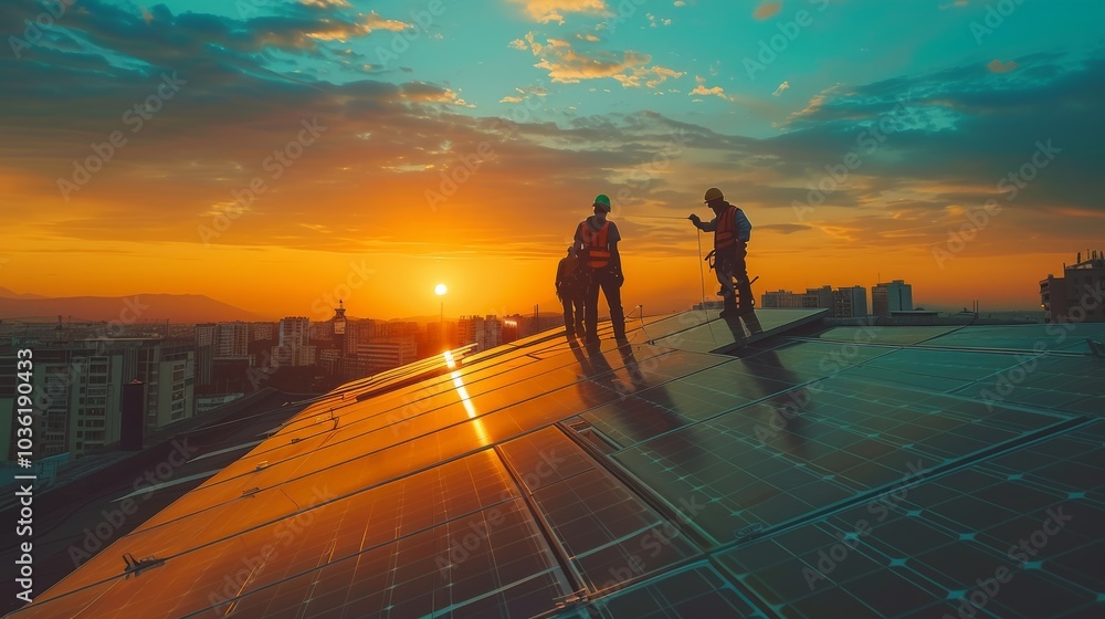 Fototapeta premium Early morning rooftop scene with technicians setting up solar panels. Green energy focus