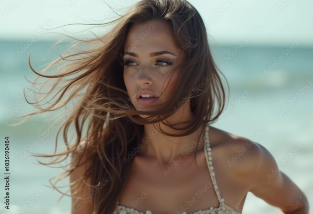 Brunette woman stands by ocean or sea, enjoying sun and surf while wearing a stylish swimsuit, highlighting relaxed beach atmosphere. Beautiful young face. Advertisement for travel or clothes. AI. Brunette woman stands by ocean or sea, enjoying sun and surf while wearing a stylish swimsuit, highlighting relaxed beach atmosphere. Beautiful young face. Advertisement for travel or clothes. AI.