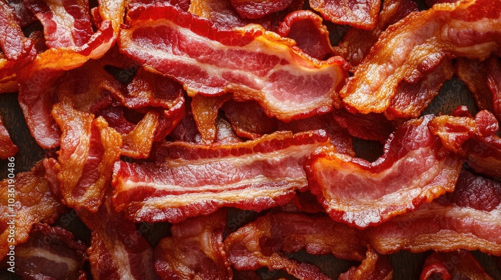 Crispy fried bacon strips displayed in a full frame background perfect for banners and culinary presentations Crispy fried bacon strips displayed in a full frame background perfect for banners and culinary presentations