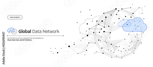 Abstract big in cloud global data network connection banner or header, wireframe black connected dots and  triangle polygonal for worldwide business and internet technology vector illustration concept