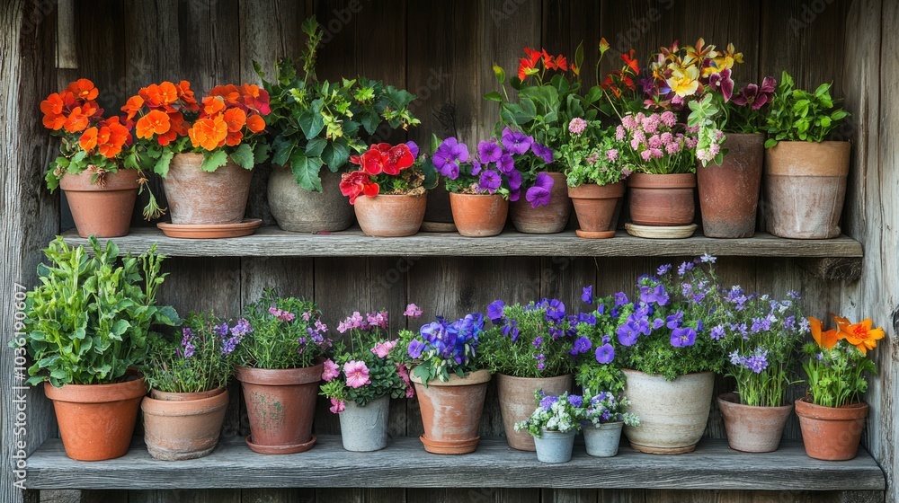 Fototapeta premium Colorful Flower Arrangement on Rustic Shelf Featuring Various Pots in a Natural Environment