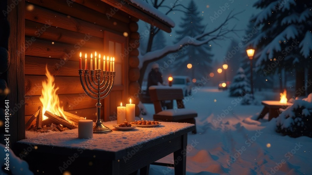 Menorah and candles on snow-covered table in winter evening by campfire, celebrating hanukkah tradition