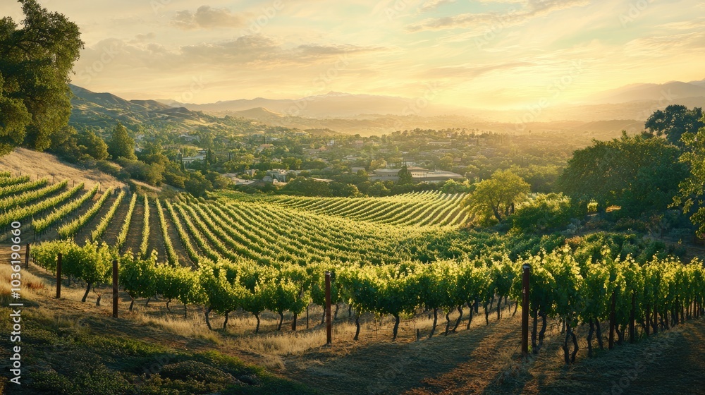 Fototapeta premium A sweeping vista of a vibrant vineyard during dusk