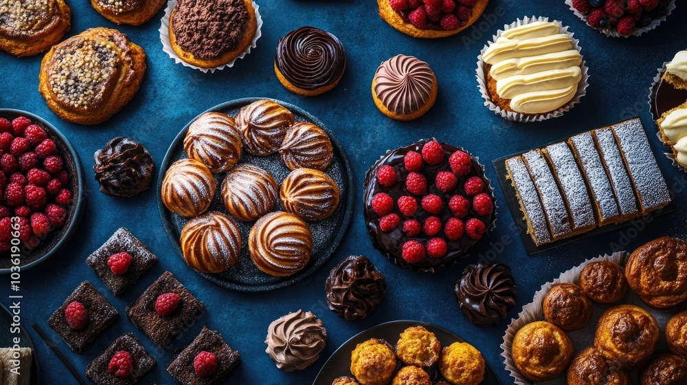 Mouthwatering Baked Treats Displayed on Deep Blue Surface Showcasing Authentic Textures Mouthwatering Baked Treats Displayed on Deep Blue Surface Showcasing Authentic Textures