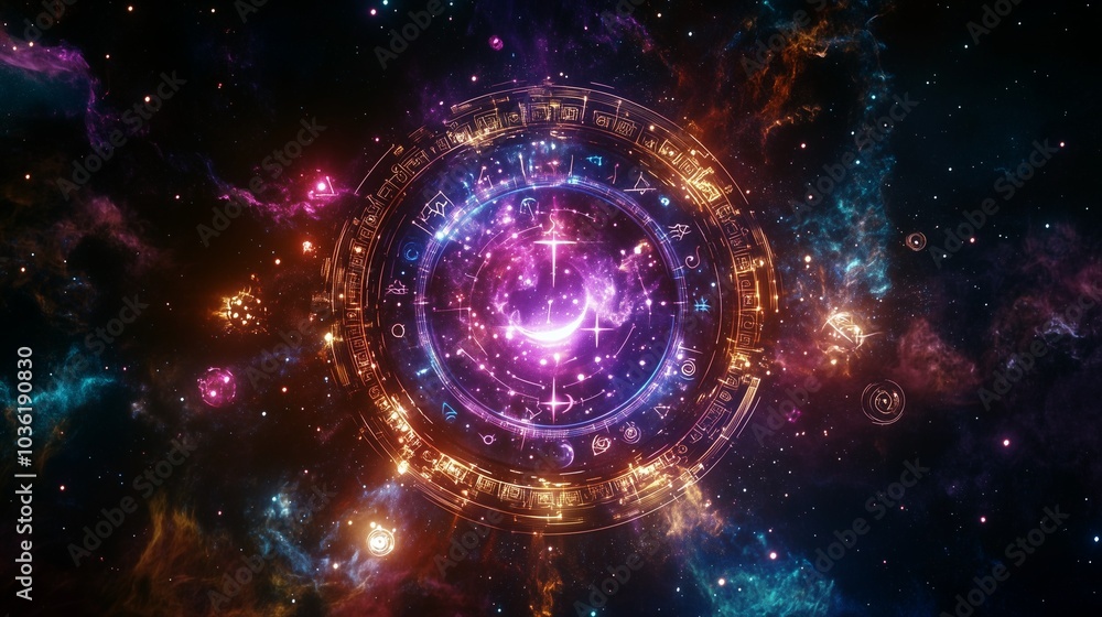 Obraz premium Planetary alignment visualized in space, showing the zodiac constellations in the background