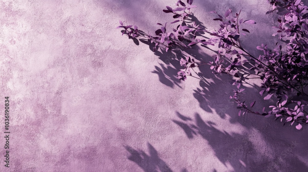 Shadows of flowers cast on a textured purple concrete wall featuring roughness and irregularities An abstract nature themed background with space for text overlay or poster mockup Shadows of flowers cast on a textured purple concrete wall featuring roughness and irregularities An abstract nature themed background with space for text overlay or poster mockup