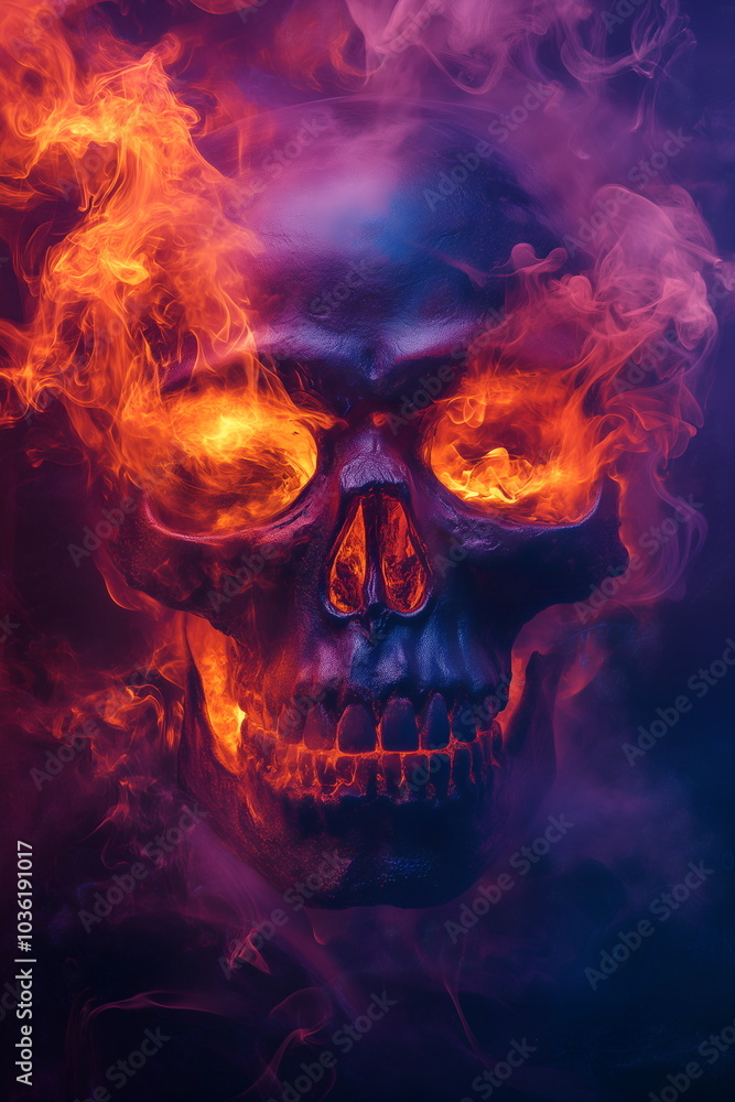 Burning skull on purple background. Orange fire and smoke goes from eyes sockets. Eerie Halloween celebration, spooky atmosphere. death and fear. Vertical banner, poster, invitation, with copy space Burning skull on purple background. Orange fire and smoke goes from eyes sockets. Eerie Halloween celebration, spooky atmosphere. death and fear. Vertical banner, poster, invitation, with copy space