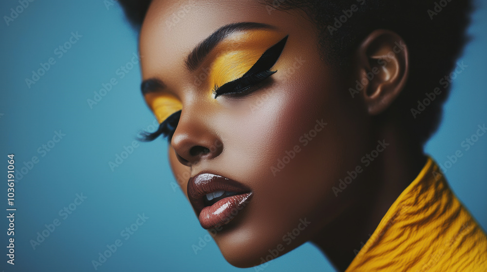 Close-up portrait of a woman with bold makeup and striking eyeliner, creative and edgy look, high-contrast lighting, modern fashion photography Close-up portrait of a woman with bold makeup and striking eyeliner, creative and edgy look, high-contrast lighting, modern fashion photography