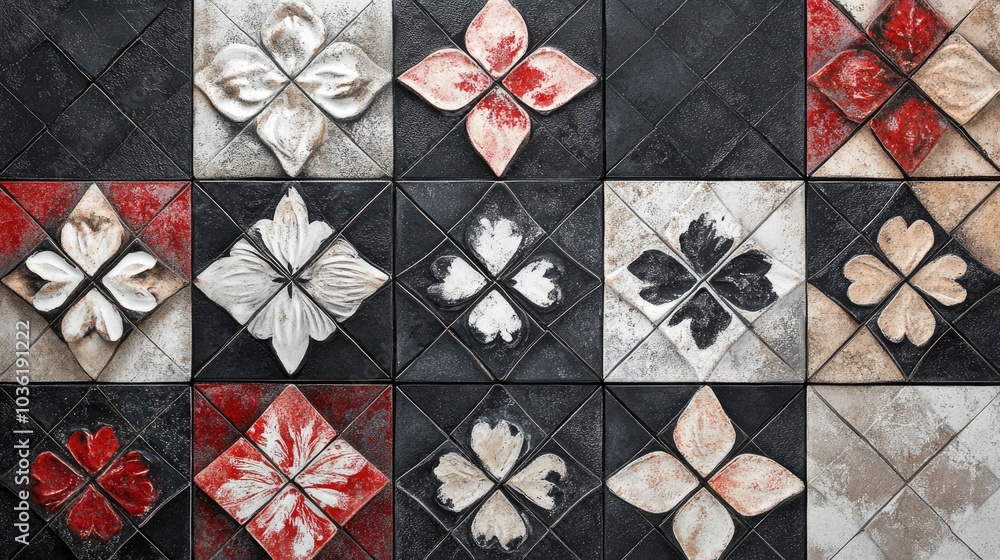 Fototapeta premium Vintage patchwork flower motif tiles with an old dark black anthracite stone concrete texture for a stylish background or banner
