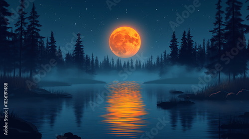 Mysterious enchanting landscape, river illuminated by moonlight on full moon. Mysterious trees grow along riverbank, mystical atmosphere. Background, banner or backdrop for Halloween, enigmatic themes