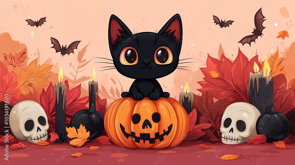 Cartoon black cat sitting on spooky pumpkin surrounded by autumn leaves, skulls, bats and candles against pink beige background. Whimsical Halloween banner, poster, card, event invitation, copy space Cartoon black cat sitting on spooky pumpkin surrounded by autumn leaves, skulls, bats and candles against pink beige background. Whimsical Halloween banner, poster, card, event invitation, copy space