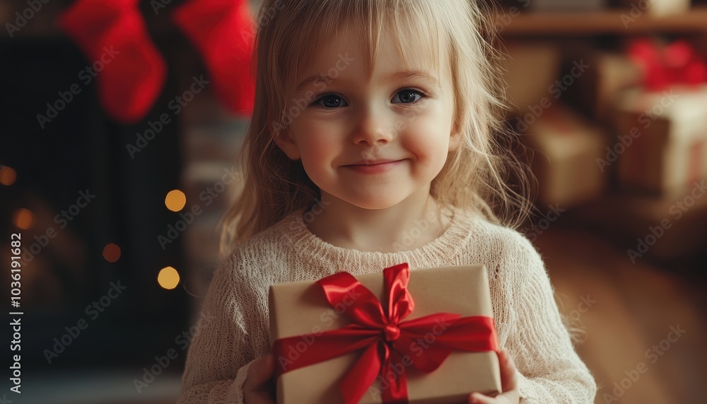 A young child joyfully holding a gift in a cozy holiday setting at home A young child joyfully holding a gift in a cozy holiday setting at home