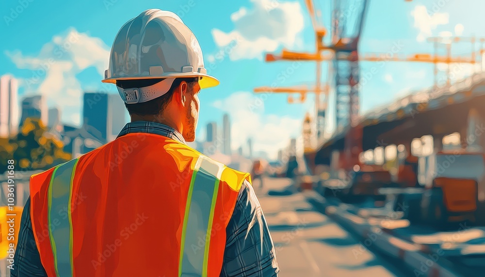A construction worker in a safety vest monitors site activity in the city A construction worker in a safety vest monitors site activity in the city