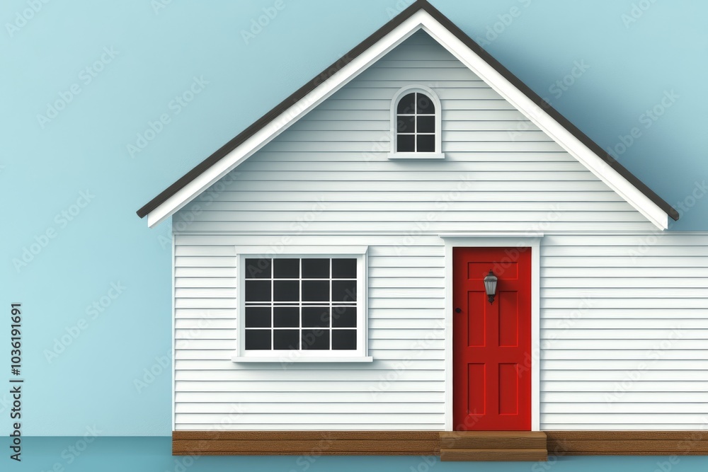 Simple modern house with a red front door set against a light blue background creating a clean minimalist architectural design in an outdoor scene Simple modern house with a red front door set against a light blue background creating a clean minimalist architectural design in an outdoor scene