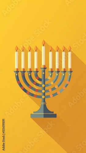 Colorful menorah with lit candles against yellow background, reflecting the celebration of hanukkah