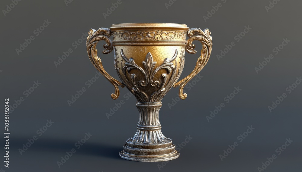 Elegant golden trophy with ornate design displayed on a dark background Elegant golden trophy with ornate design displayed on a dark background