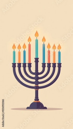Elegant menorah with colorful candles lit against a minimalist background, celebrating hanukkah tradition