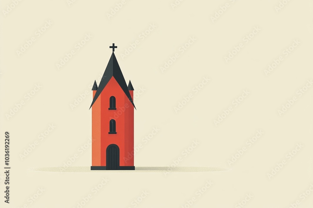 Fototapeta premium Minimalist flat design of a small red church on a light beige background symbolizing simple architectural beauty and tranquility in a peaceful rural setting