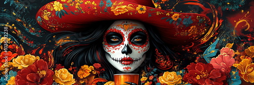 Mexican woman with elaborate sugar skull makeup drinks tequila, for Day of Dead celebration, Calavera Catrina, Dia de los muertos, Halloween, traditional Mexican Santa Muerte. Banner, copy space