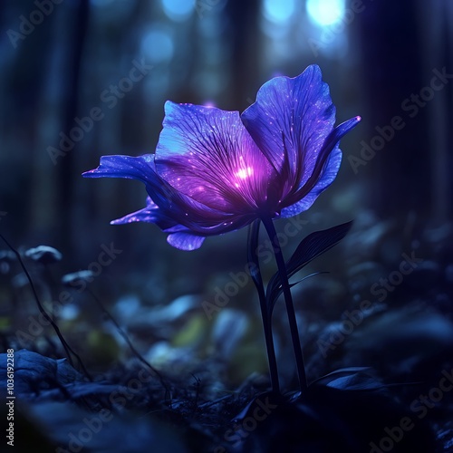 Dazzling purple flower glows vibrantly in shadowy forest image photo