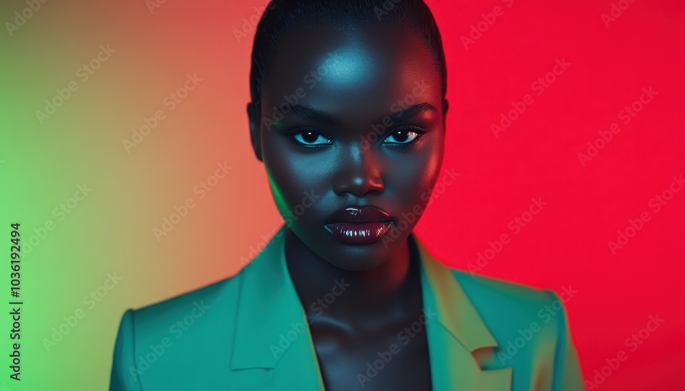 Model poses confidently in a vivid studio with colorful lighting Model poses confidently in a vivid studio with colorful lighting
