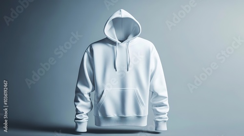 A hoodie mockup standing upright against a smooth grey background.