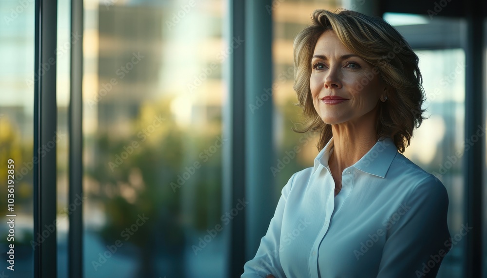 Professional woman in an office reflects on her career achievements Professional woman in an office reflects on her career achievements