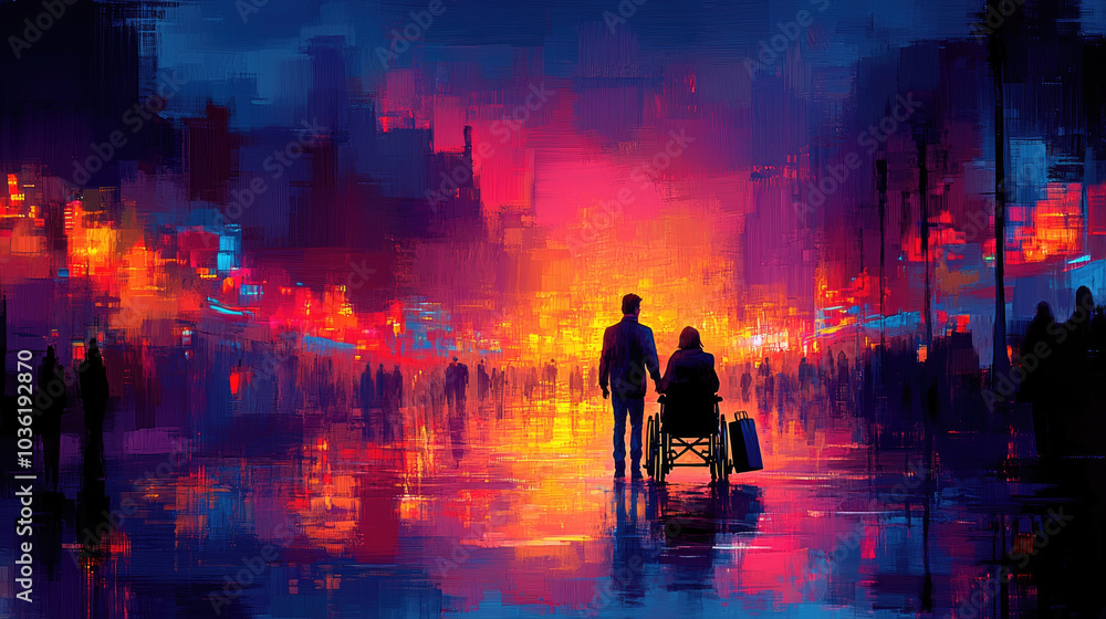 A couple strolls hand in hand along a bustling city street at dusk, surrounded by bright lights and colorful reflections