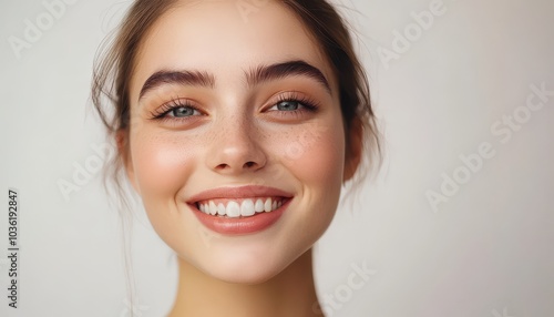 Young woman smiling brightly with natural makeup and soft lighting indoors