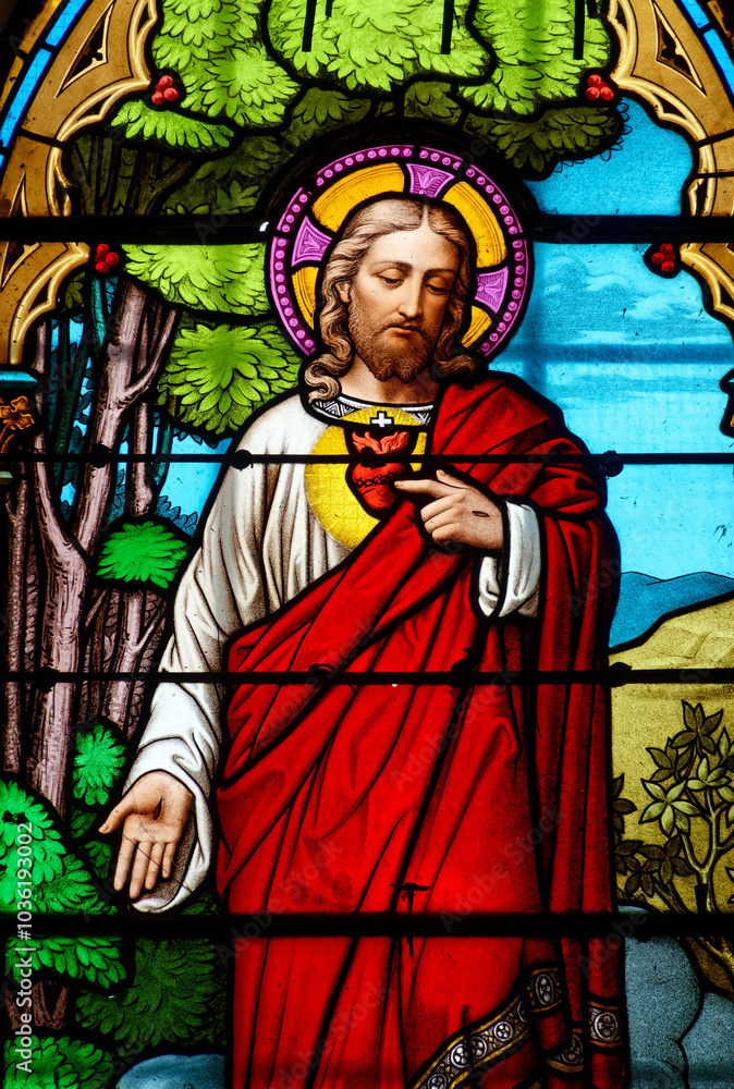 Obraz premium 2024-10-15, Collomiers, FRANCE. Stained glass (19th century) of Sacred Heart of Jesus Christ.