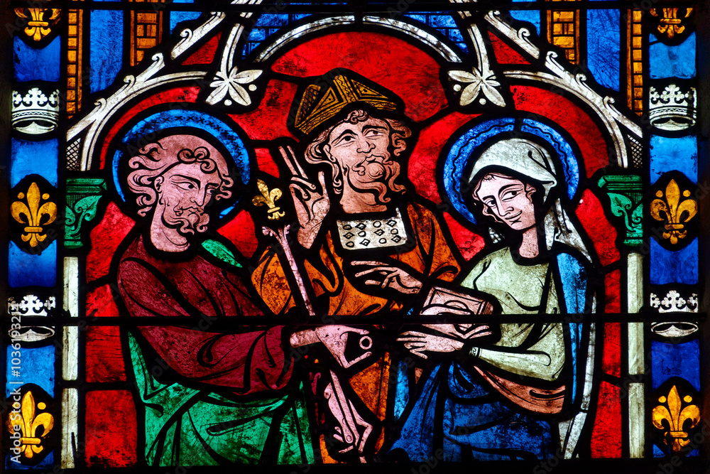 2024-10-16, Auxerre, FRANCE. Stained glass (17th century) of Holy family: The wedding of Mary and Joseph.. 2024-10-16, Auxerre, FRANCE. Stained glass (17th century) of Holy family: The wedding of Mary and Joseph..