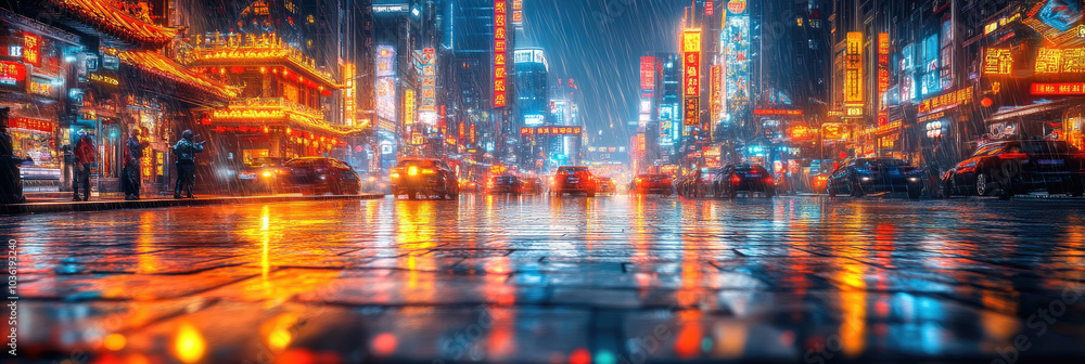 A lively urban environment with neon lights reflecting off wet pavement while cars navigate through a bustling nighttime thoroughfare A lively urban environment with neon lights reflecting off wet pavement while cars navigate through a bustling nighttime thoroughfare