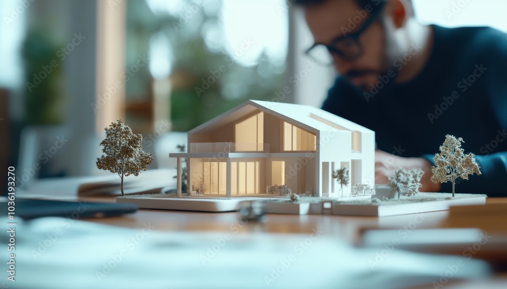 Architect working on a model house during a design session in a studio Architect working on a model house during a design session in a studio