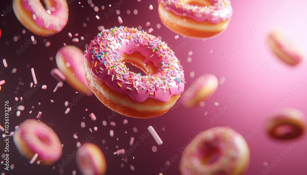 Colorful donuts with pink frosting and sprinkles floating in mid-air Colorful donuts with pink frosting and sprinkles floating in mid-air